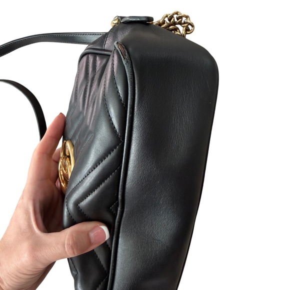 Gucci Marmont Matelasse Camera Bag Black Leather Gold GG Logo Crossbody - Picture 10 of 14